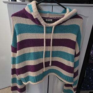 POL Colorful Knit Hoodie with Purple, Teal, and Cream